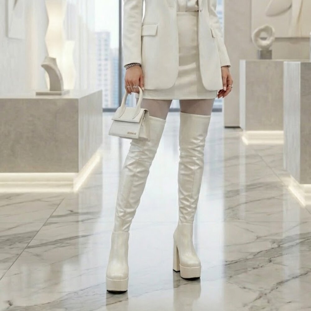 NWT Bamboo White Thigh High Platform Boots 5" Chunky Block Heel Retro GoGo Y2K - Picture 2 of 5